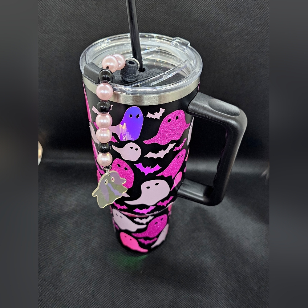 Drinking Cup, Travel Tumbler, pink ghost boo halloween cold cup, MTO - Picture 2 of 7